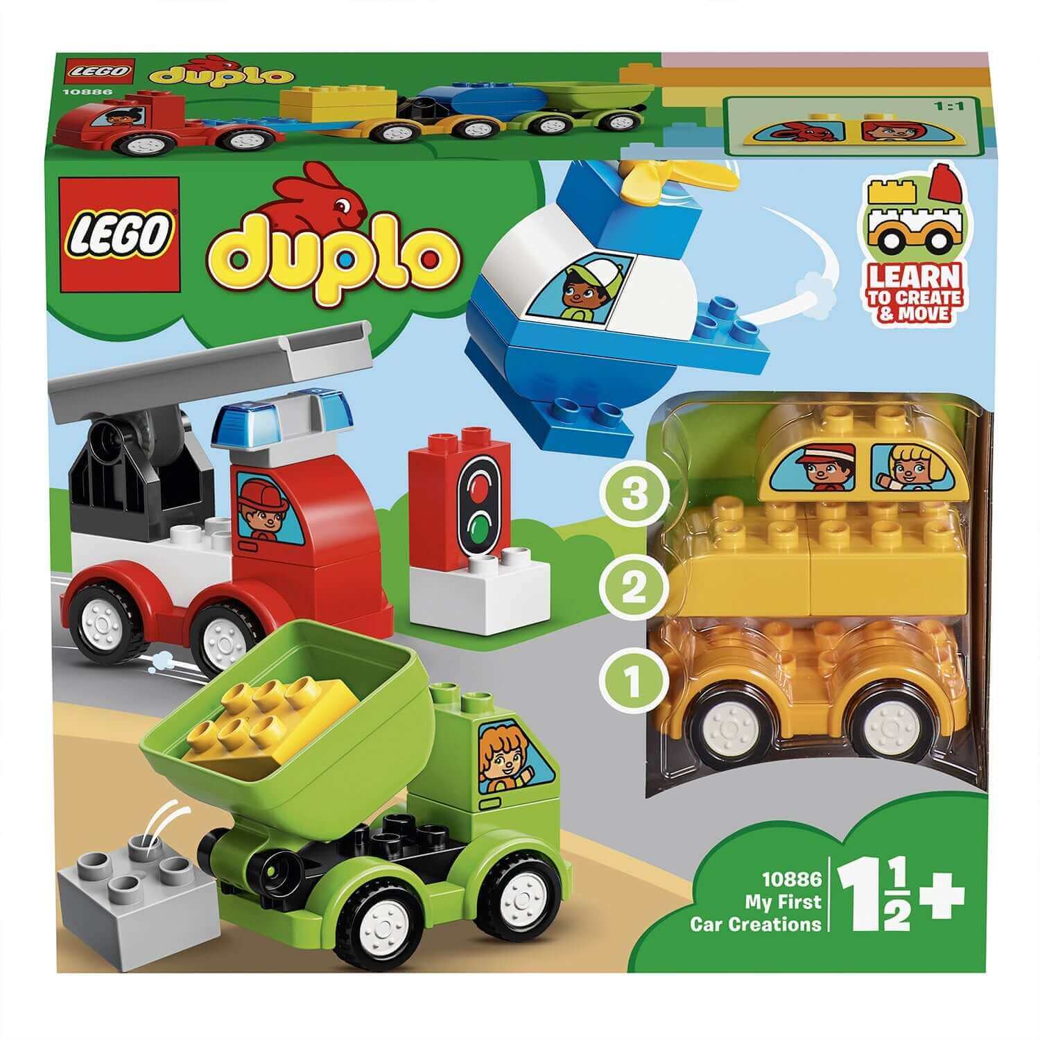LEGO® DUPLO My First Car Creations set 10886 featuring colorful trucks, cars, and a traffic light for toddlers.