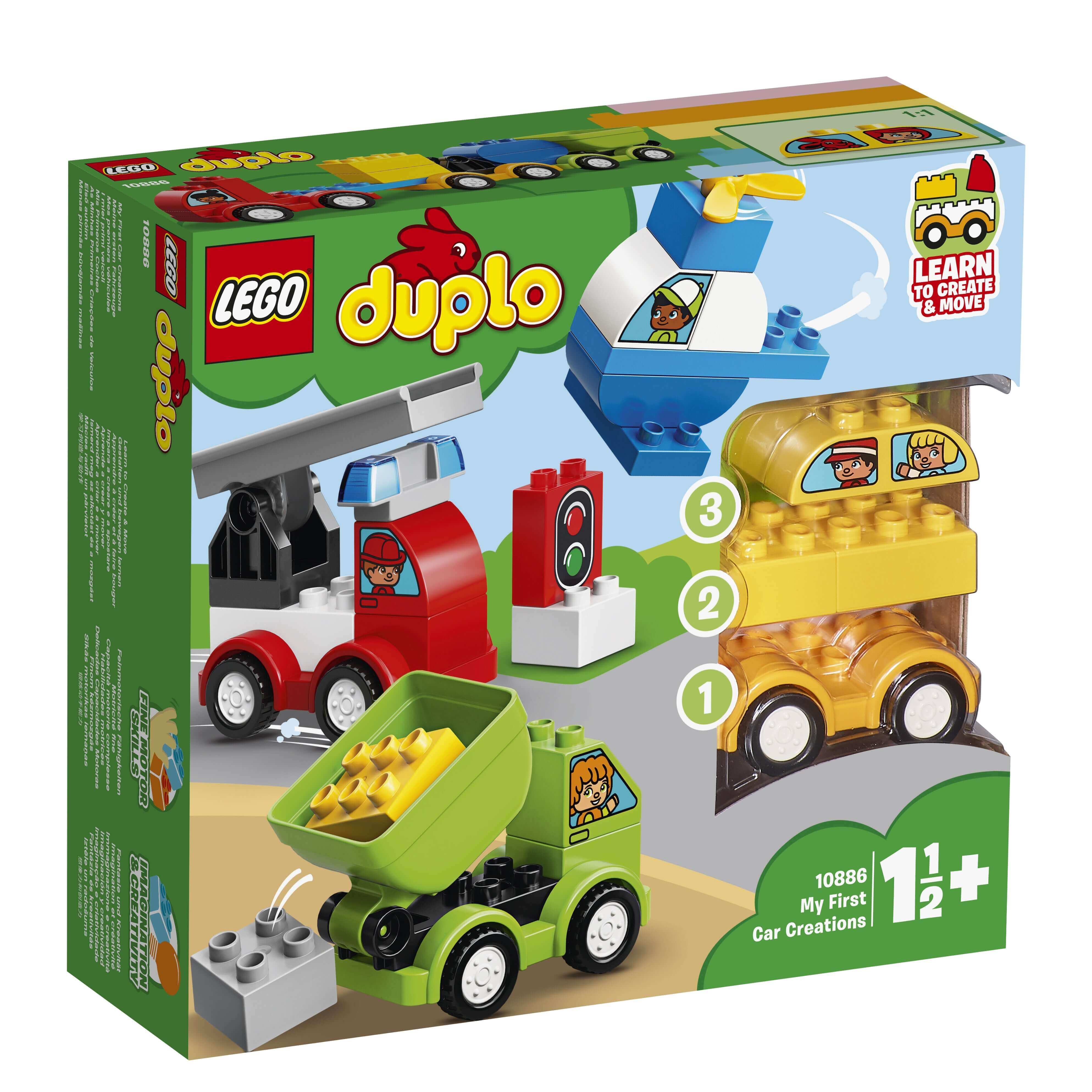 LEGO® DUPLO My First Car Creations set 10886 with colorful trucks and cars for toddlers, promoting imaginative play.