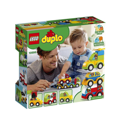 LEGO® DUPLO My First Car Creations set 10886, featuring toddler playing with truck and cars, fostering creativity and imagination.