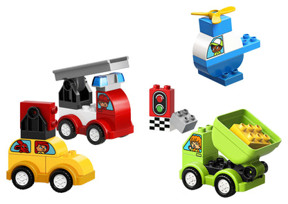 LEGO® DUPLO My First Car Creations set with colorful toy cars, helicopter, traffic light, and building bricks for toddlers.