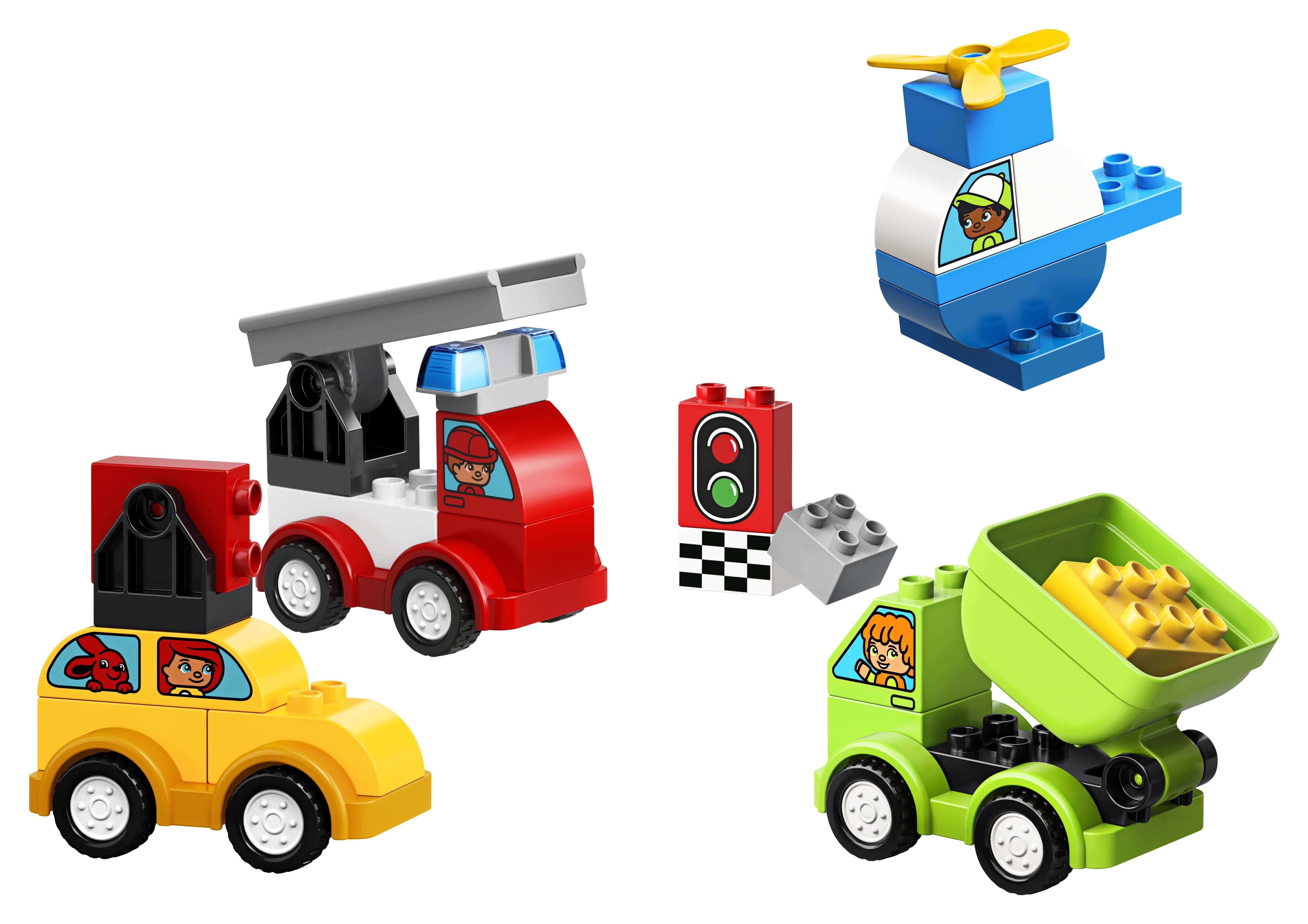 LEGO® DUPLO My First Car Creations set with colorful toy cars, helicopter, traffic light, and building bricks for toddlers.