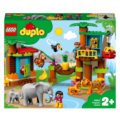 LEGO® DUPLO Town Tropical Island Set 10906 with animals, tree house, and playground features for kids.