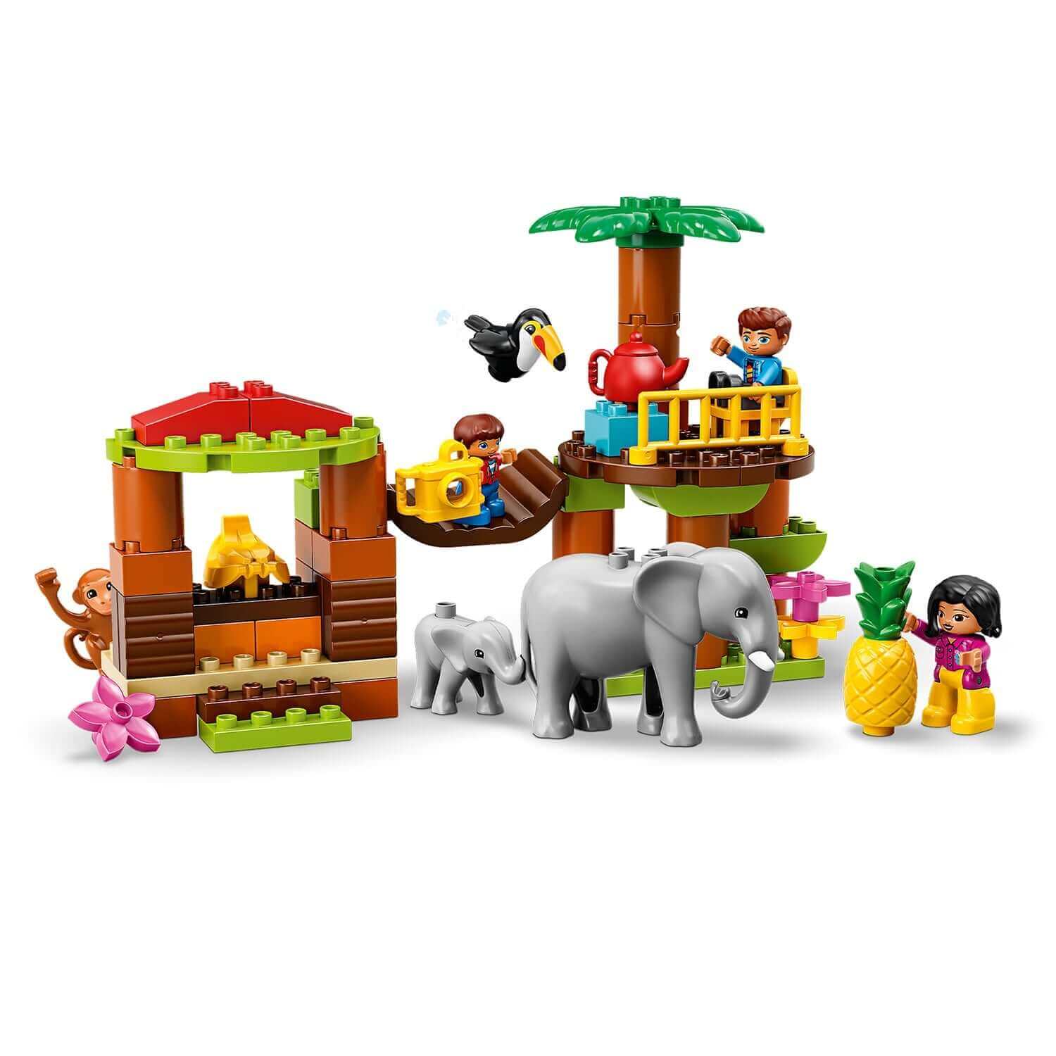 LEGO® DUPLO Town Tropical Island Set 10906 featuring animals, tree house, pulley, and bridge for preschoolers.