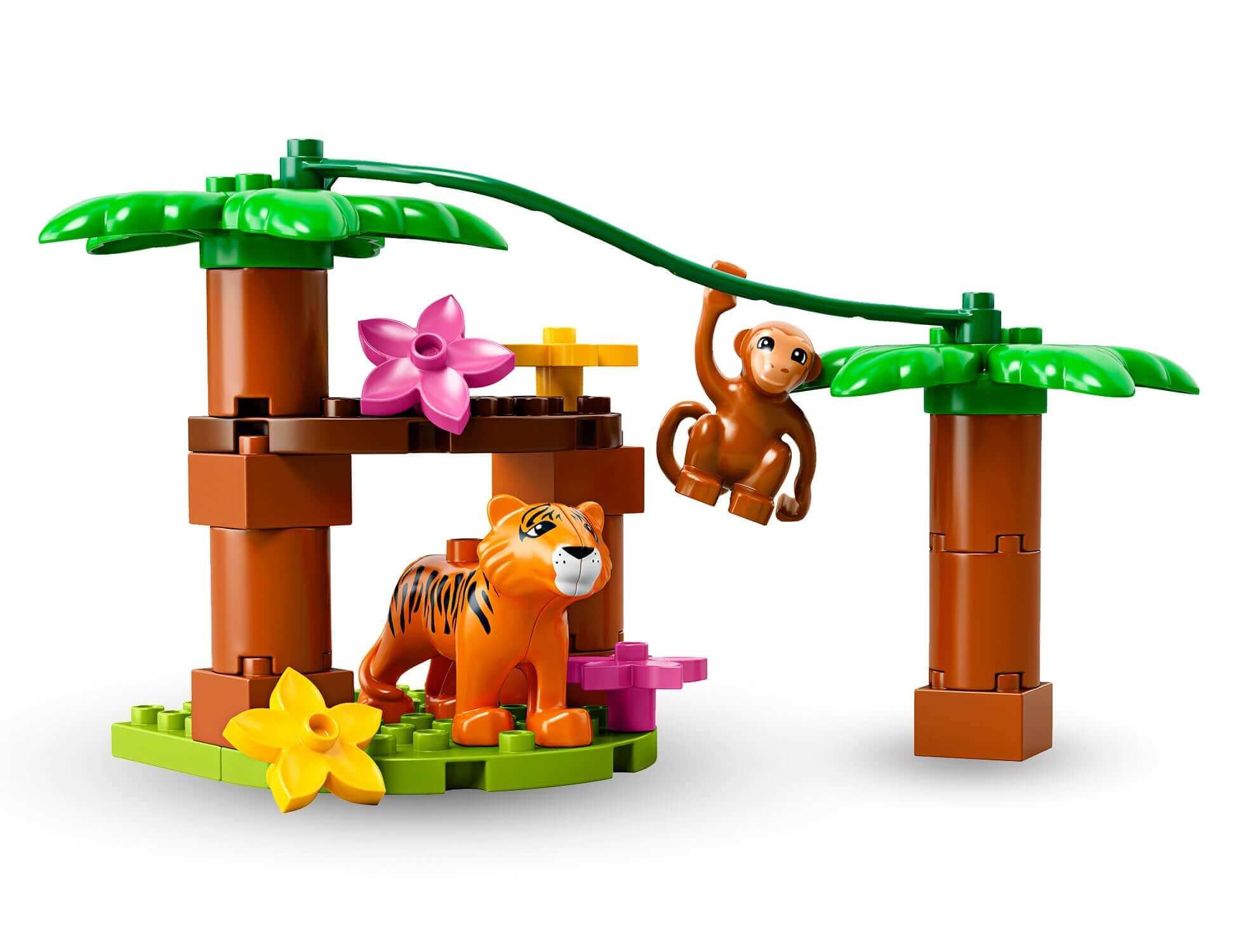 LEGO® DUPLO Town Tropical Island Set 10906 featuring a tiger, a monkey, and tropical plants for preschool play.