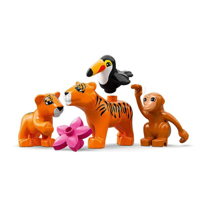 LEGO® DUPLO Town Tropical Island animals including tigers, a toucan, and a monkey with a tropical flower.