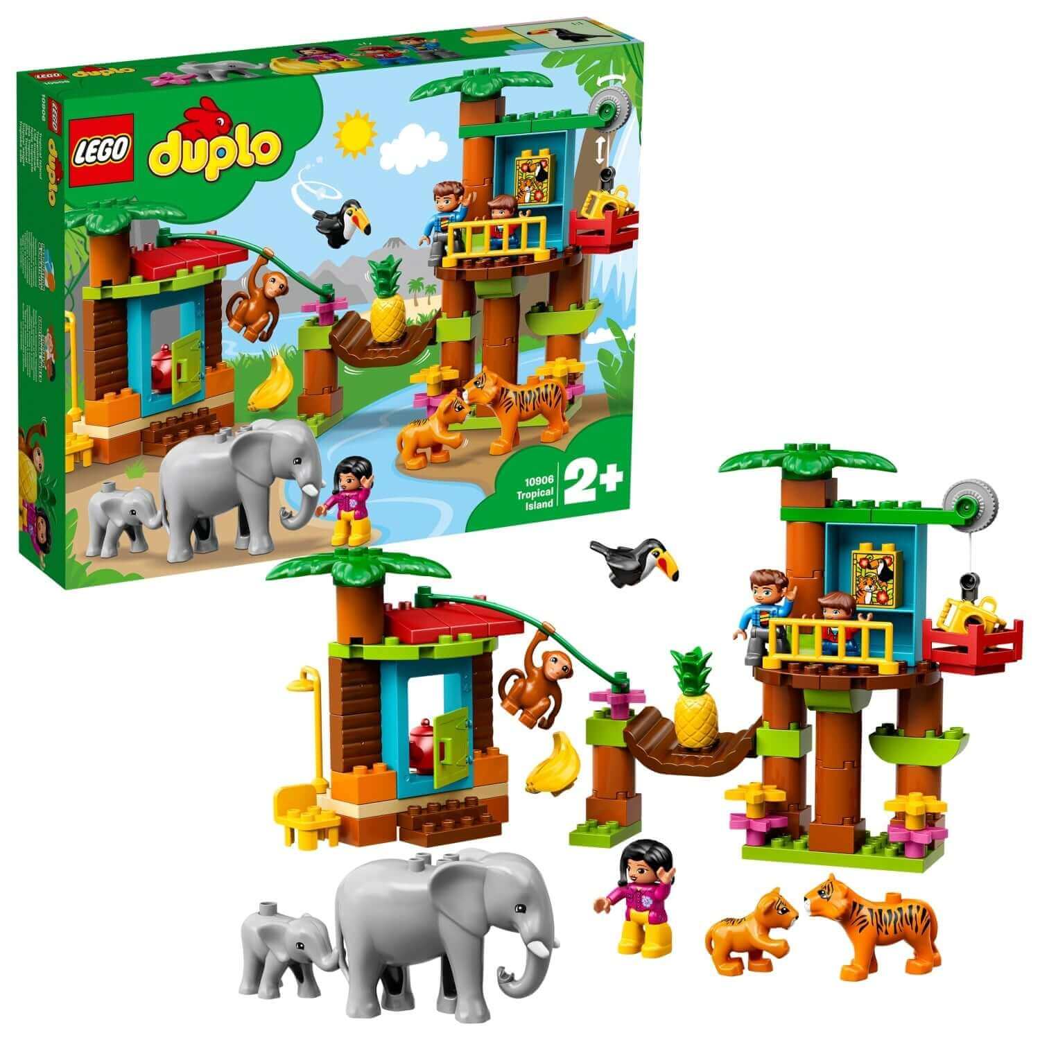 LEGO DUPLO Town Tropical Island Set 10906 with animals, tree house, pulley, and bridge for preschool play.