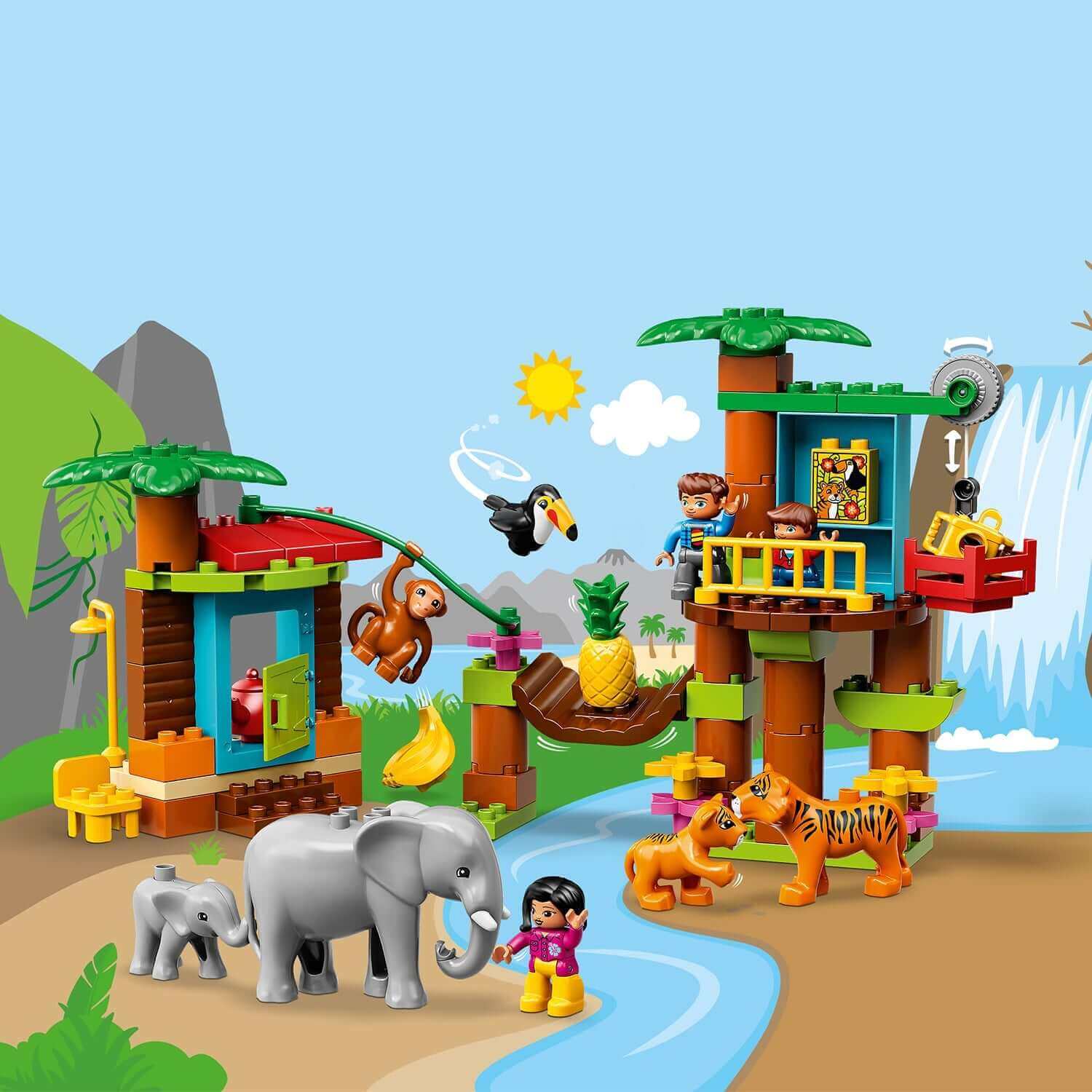 LEGO® DUPLO Town Tropical Island Set 10906 with jungle animals, tree house, pulley, and bridge for preschoolers.