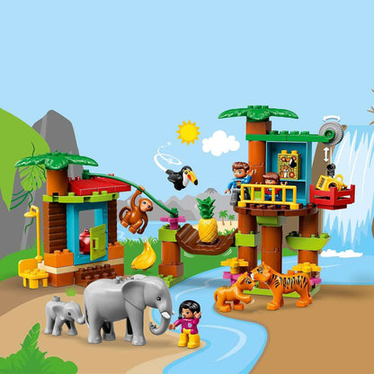 LEGO® DUPLO Town Tropical Island Set 10906 with jungle animals, tree house, pulley, and bridge for preschoolers.