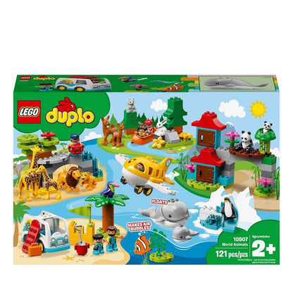 LEGO® DUPLO Town World Animals 10907 set with 15 animal figures and 5 buildable environments for toddlers.