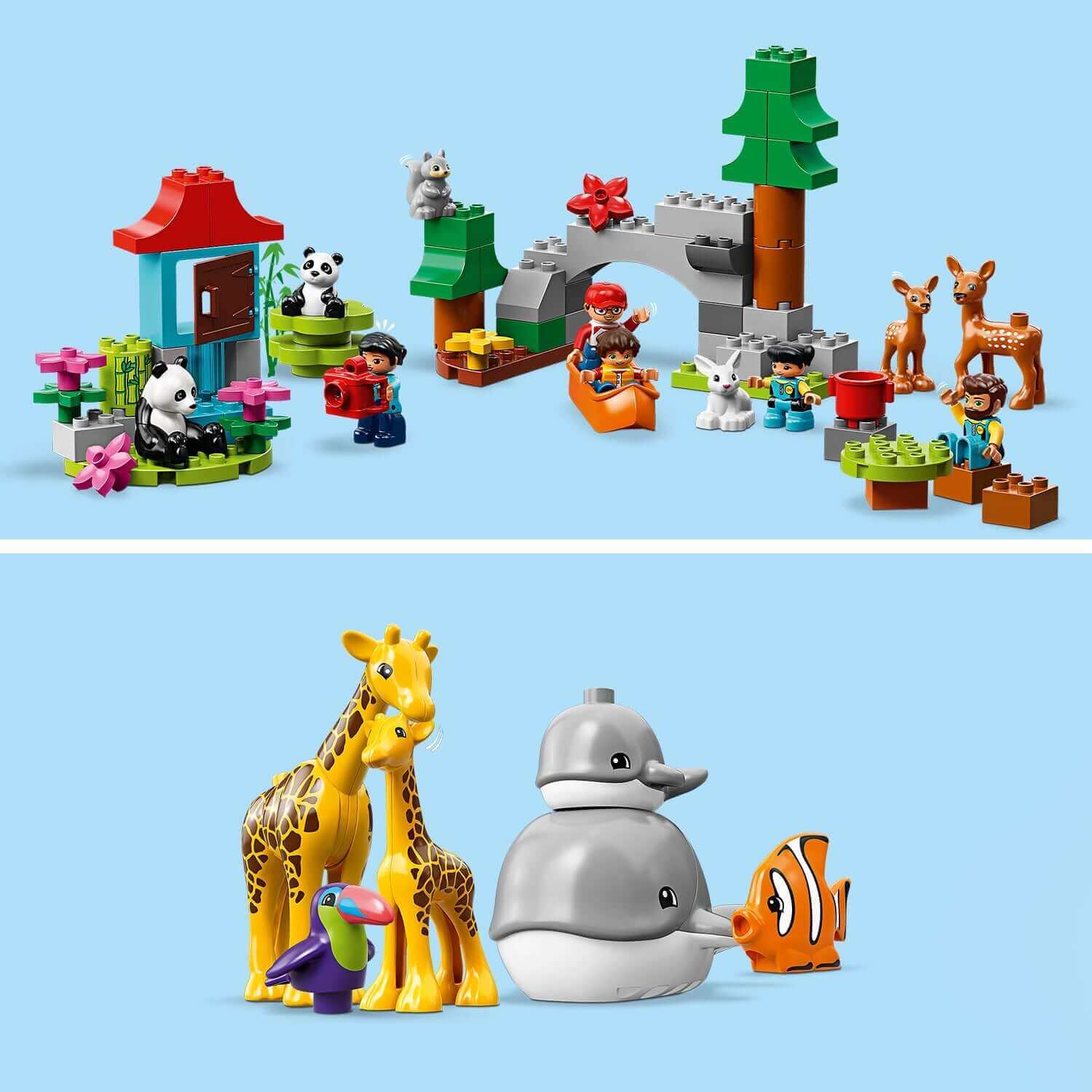 LEGO® DUPLO Town World Animals 10907 features various animals, buildable environments, and colorful accessories for toddlers.