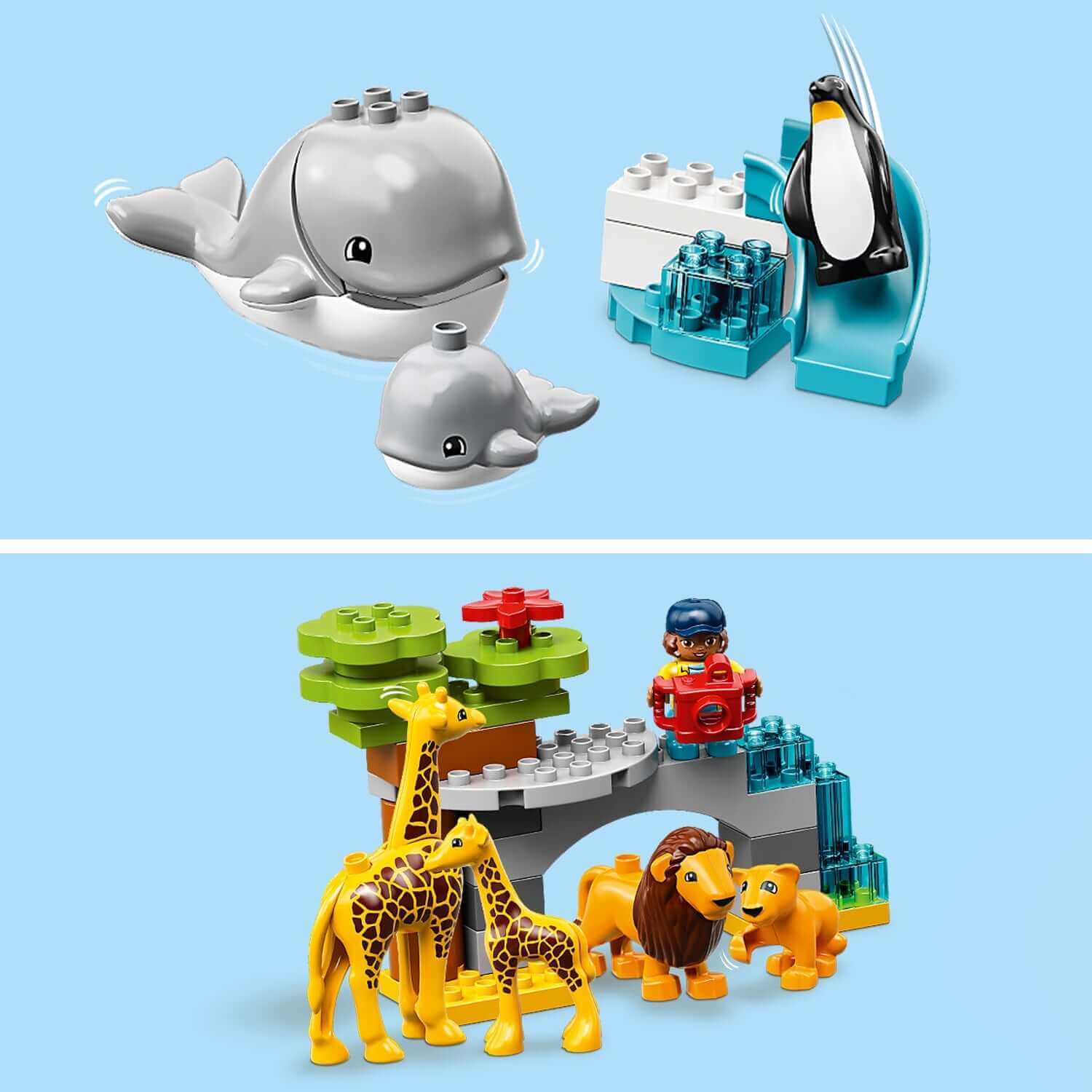 LEGO® DUPLO Town World Animals 10907 with whales, penguin, giraffes, lions, and a colorful buildable environment.