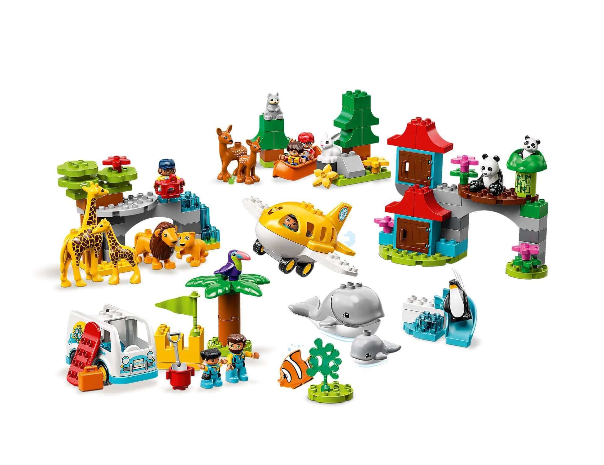 LEGO® DUPLO Town World Animals 10907 set featuring 15 animals, vehicles, and buildable habitats for toddlers.