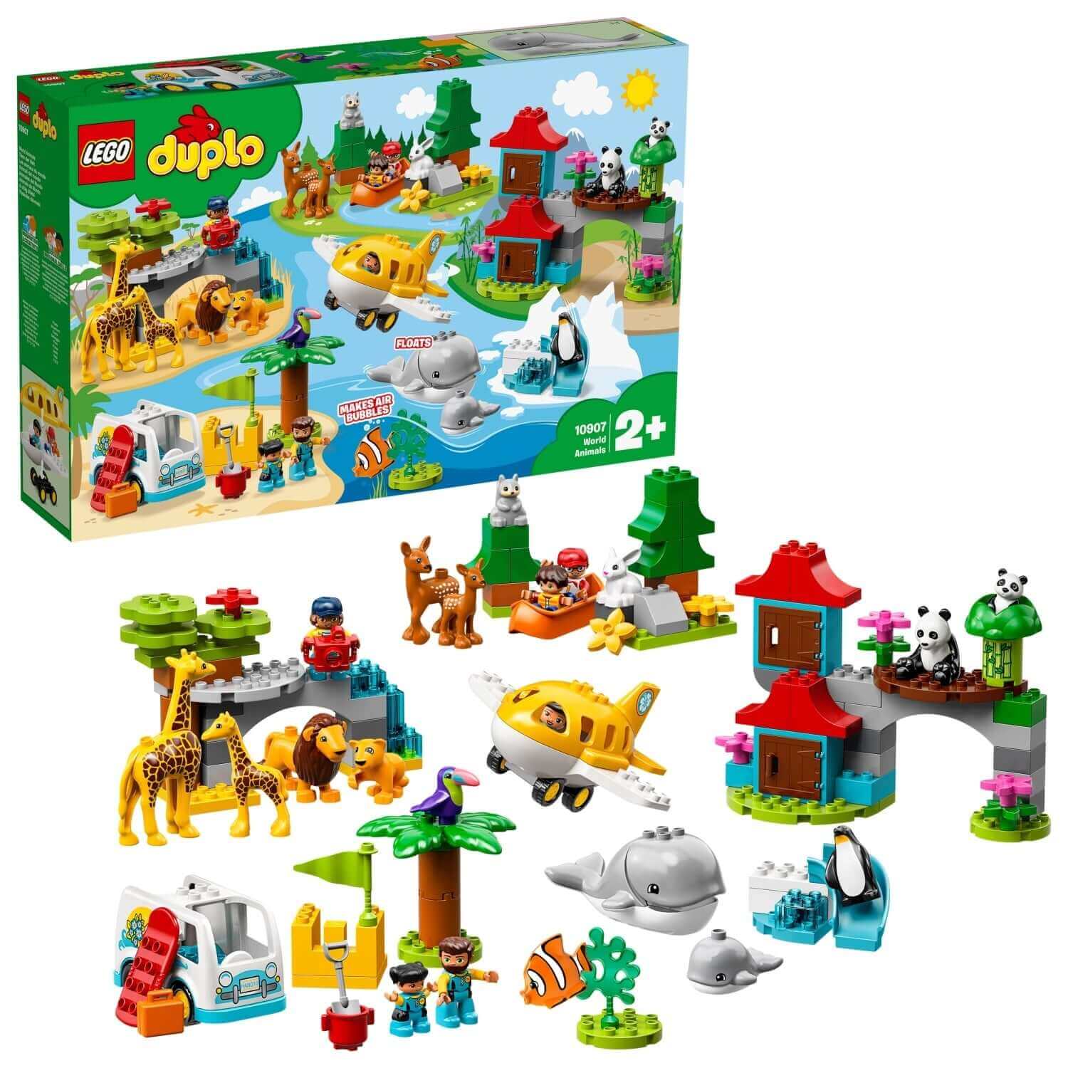 LEGO® DUPLO Town World Animals 10907 set featuring colorful toy animals and environments for toddlers, ideal for imaginative play.