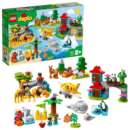 LEGO® DUPLO Town World Animals 10907 set featuring colorful toy animals and environments for toddlers, ideal for imaginative play.