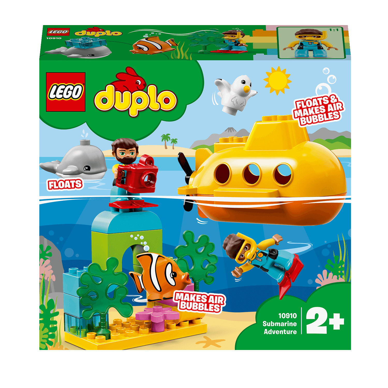 LEGO® DUPLO Town Submarine Adventure bath toy 10910, colorful submarine with floating fish and bubbles, perfect for toddlers.