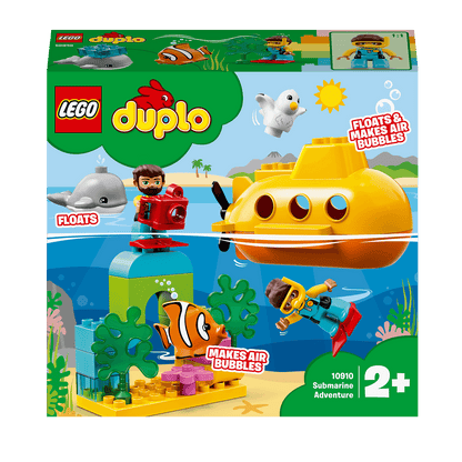 LEGO® DUPLO Town Submarine Adventure bath toy 10910, colorful submarine with floating fish and bubbles, perfect for toddlers.