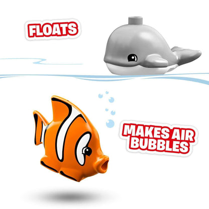 LEGO DUPLO Town bath toys: floating whale and bubble-making fish for educational fun in the tub.