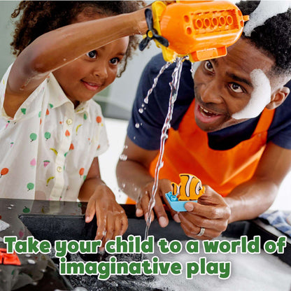 Father and daughter enjoying imaginative play with LEGO® DUPLO Submarine Adventure bath toy and water activities.