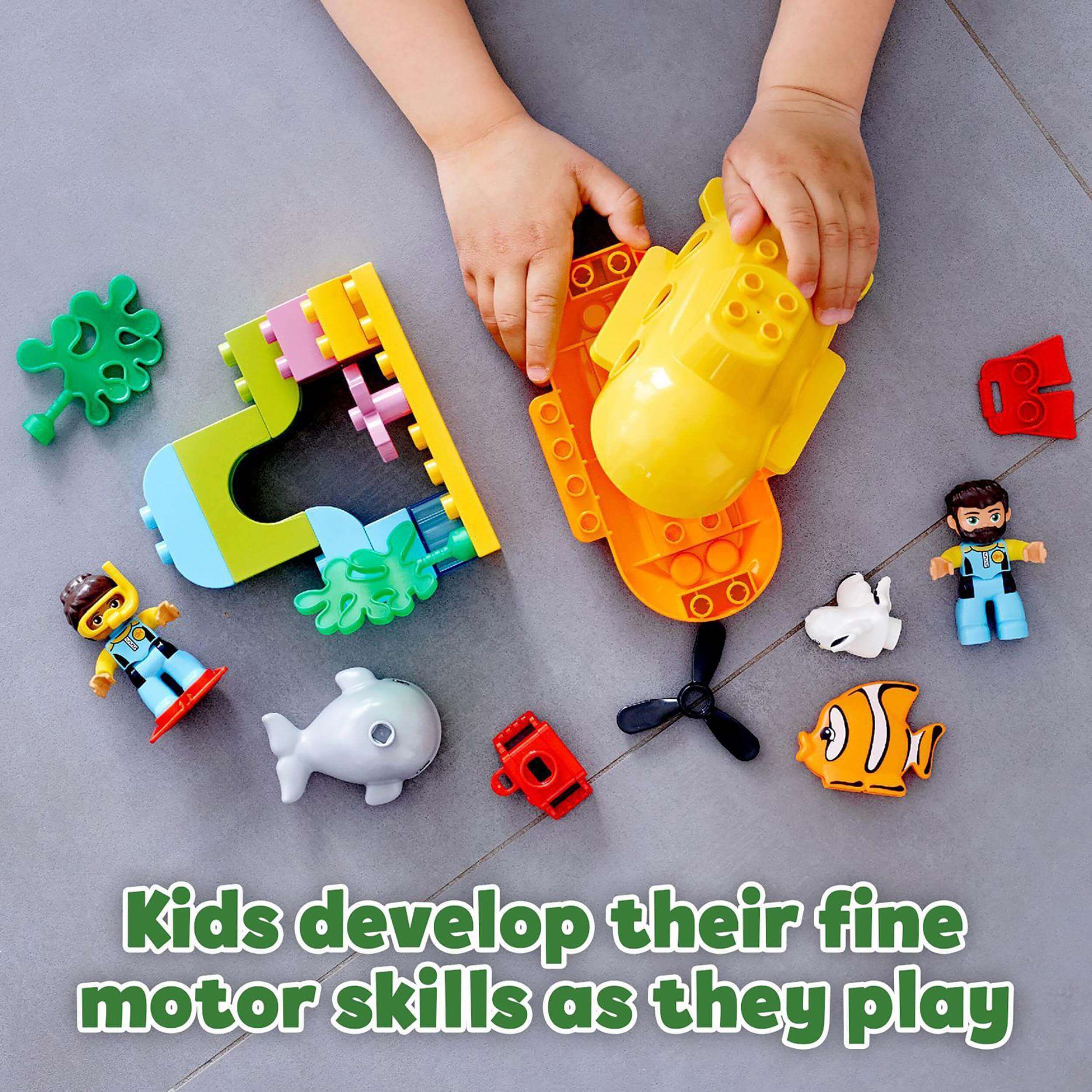 Children playing with LEGO® DUPLO Submarine Adventure bath toy, enhancing fine motor skills and imaginative play.