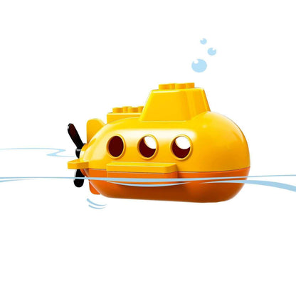 Bright yellow LEGO® DUPLO submarine bath toy floating in water, perfect for educational fun during bath time.