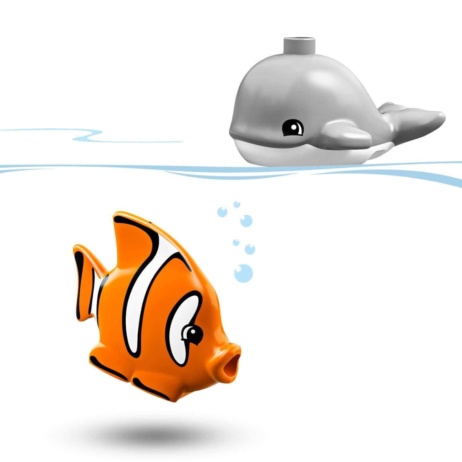 LEGO® DUPLO Town bath toy: a floating orange fish and a friendly gray whale, perfect for toddler bathtime fun.