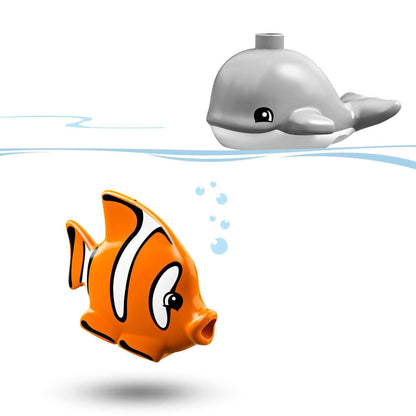 LEGO® DUPLO Town bath toy: a floating orange fish and a friendly gray whale, perfect for toddler bathtime fun.