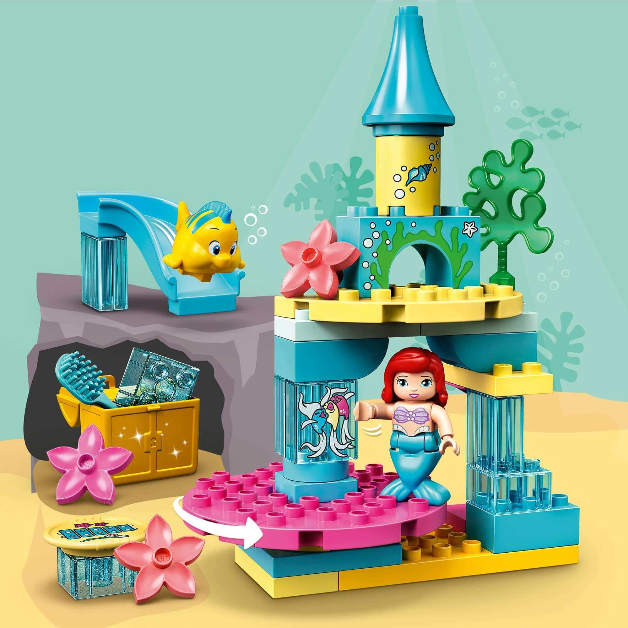 LEGO DUPLO Princess Ariel Undersea Castle Set 10922 with Ariel, Flounder, and colorful building pieces for imaginative play.