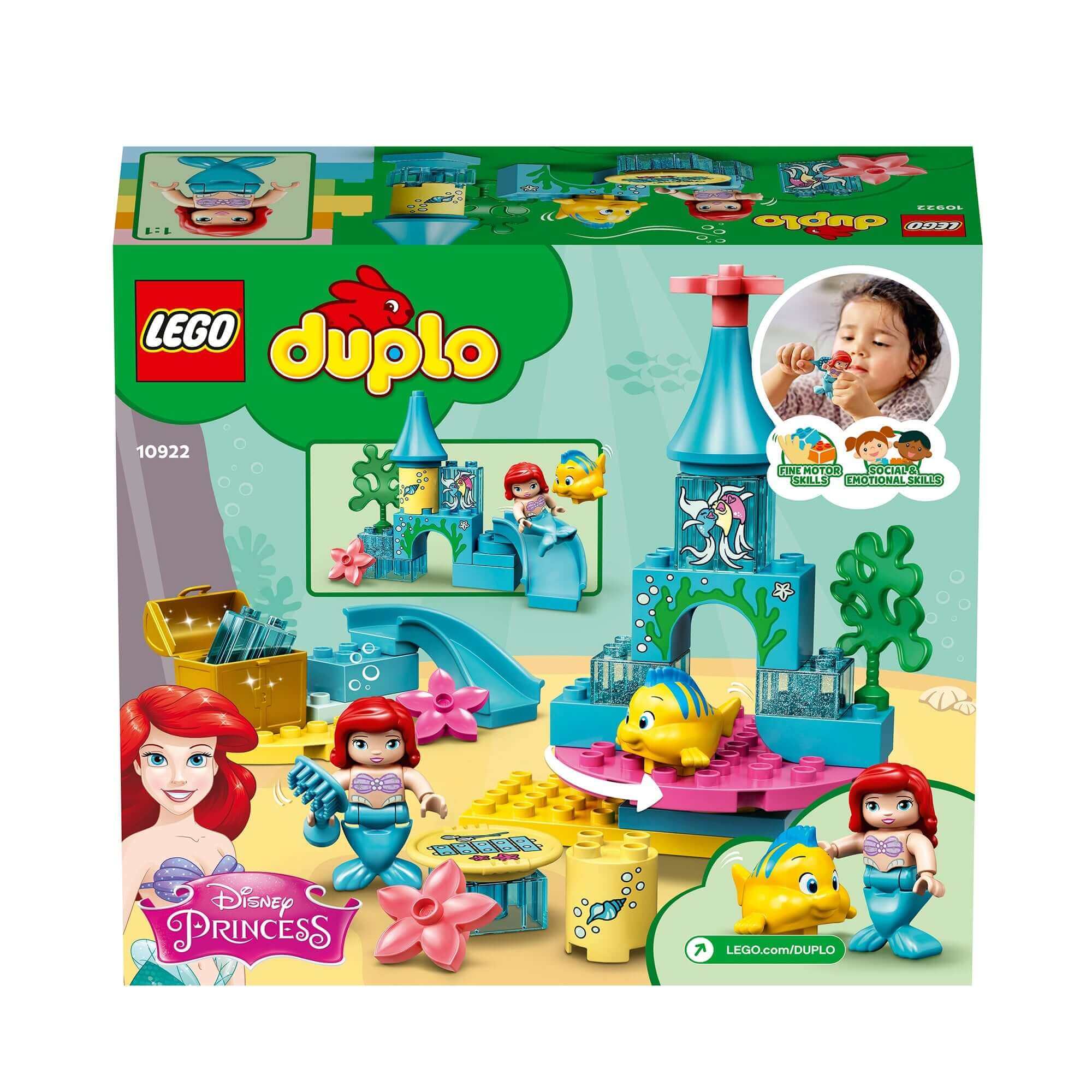 LEGO DUPLO Princess Ariel Undersea Castle Set 10922 for imaginative play with mermaid figure and Flounder.