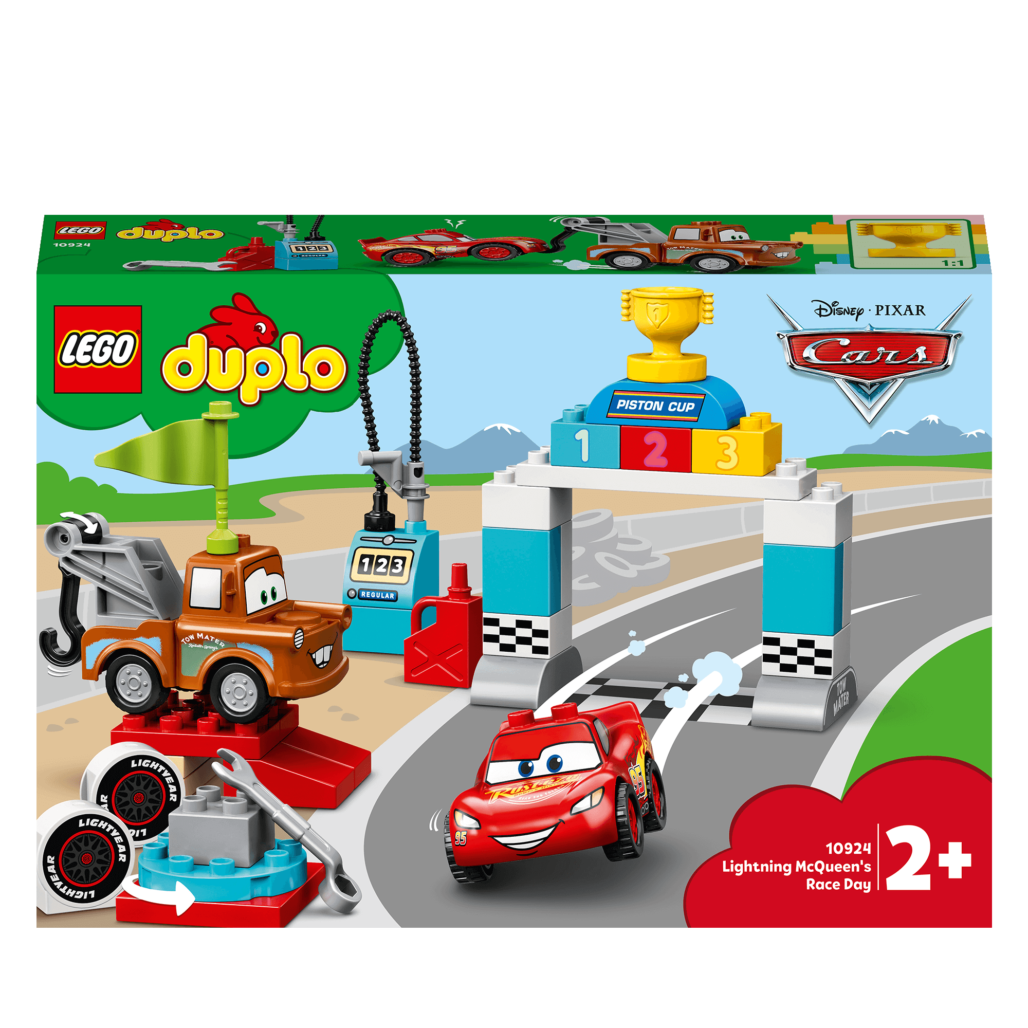 LEGO® DUPLO Cars Lightning McQueen Race Day Set 10924 with characters and racing themes for toddlers.