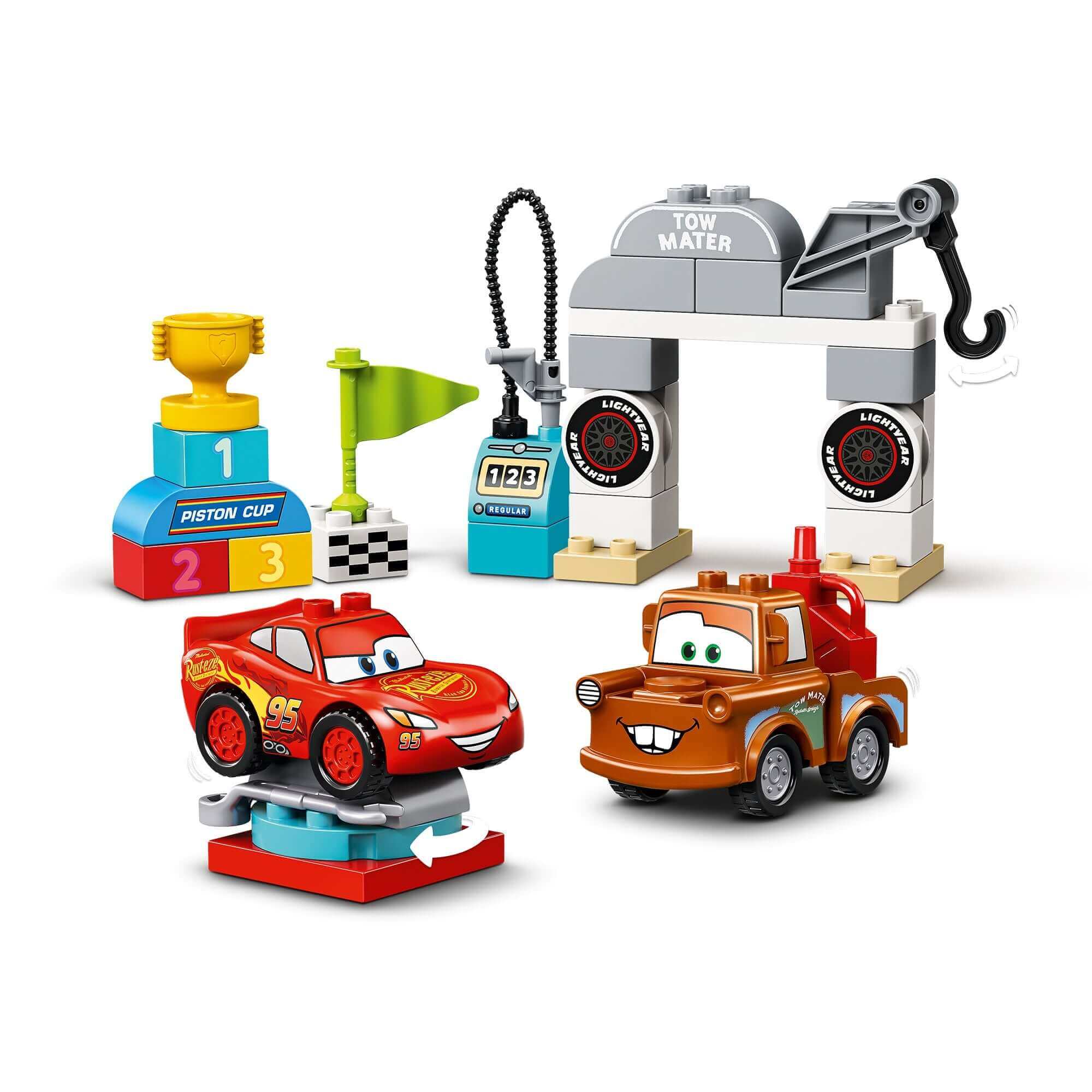 LEGO DUPLO Cars Lightning McQueen Race Day Set featuring Lightning McQueen, Tow Mater, and racing trophies.
