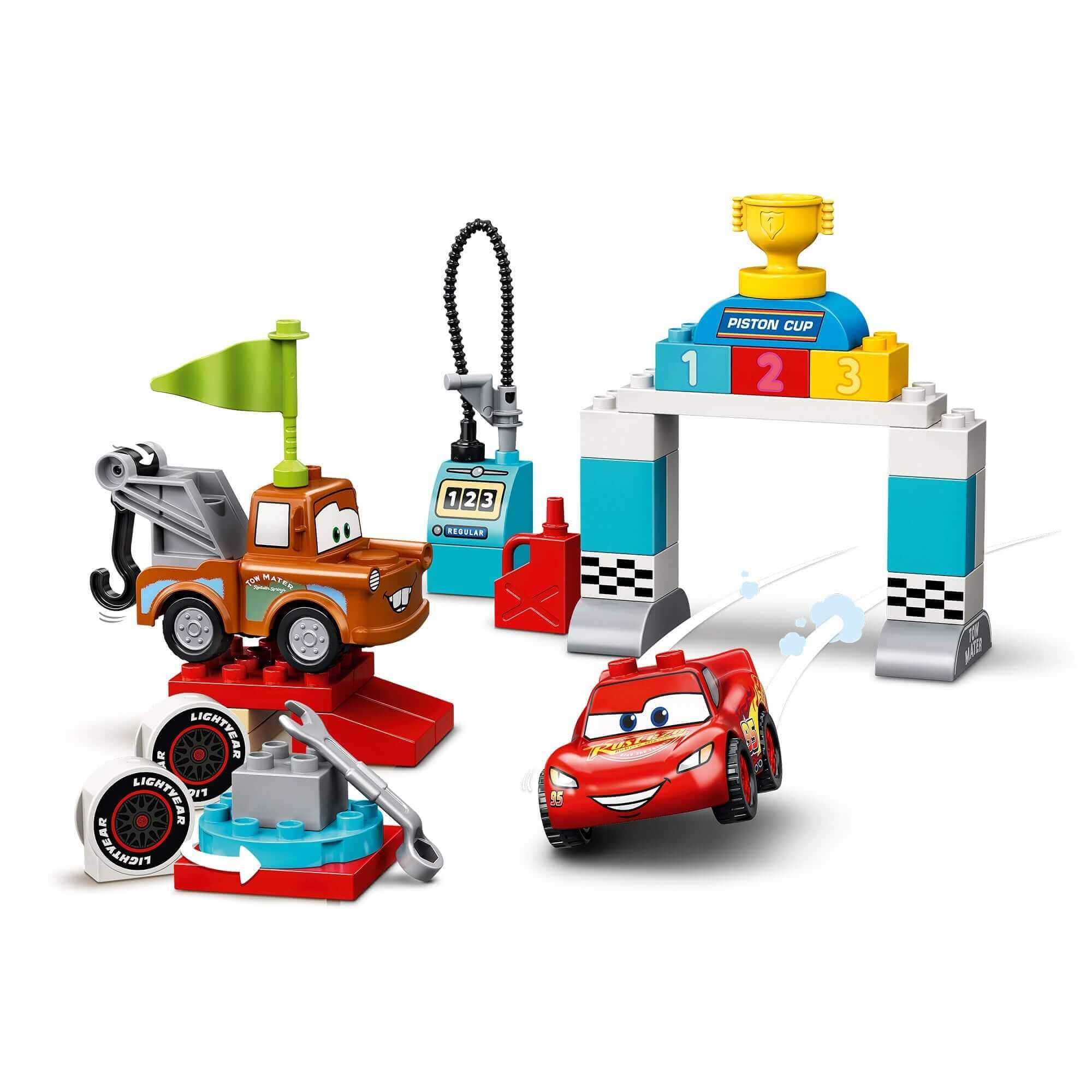 LEGO DUPLO Cars Lightning McQueen Race Day Set 10924 with characters, play accessories, and a Piston Cup finish line.