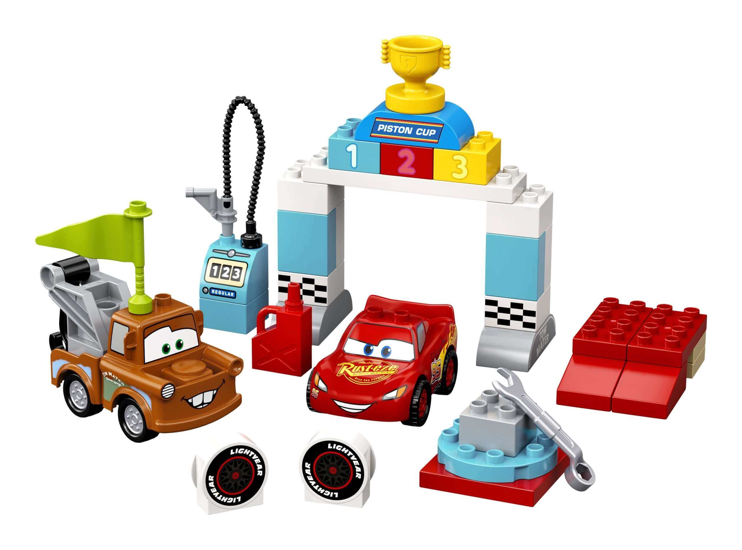 LEGO DUPLO Cars Lightning McQueen Race Day Set 10924 with characters, accessories, and racing arch, ideal for toddler play.