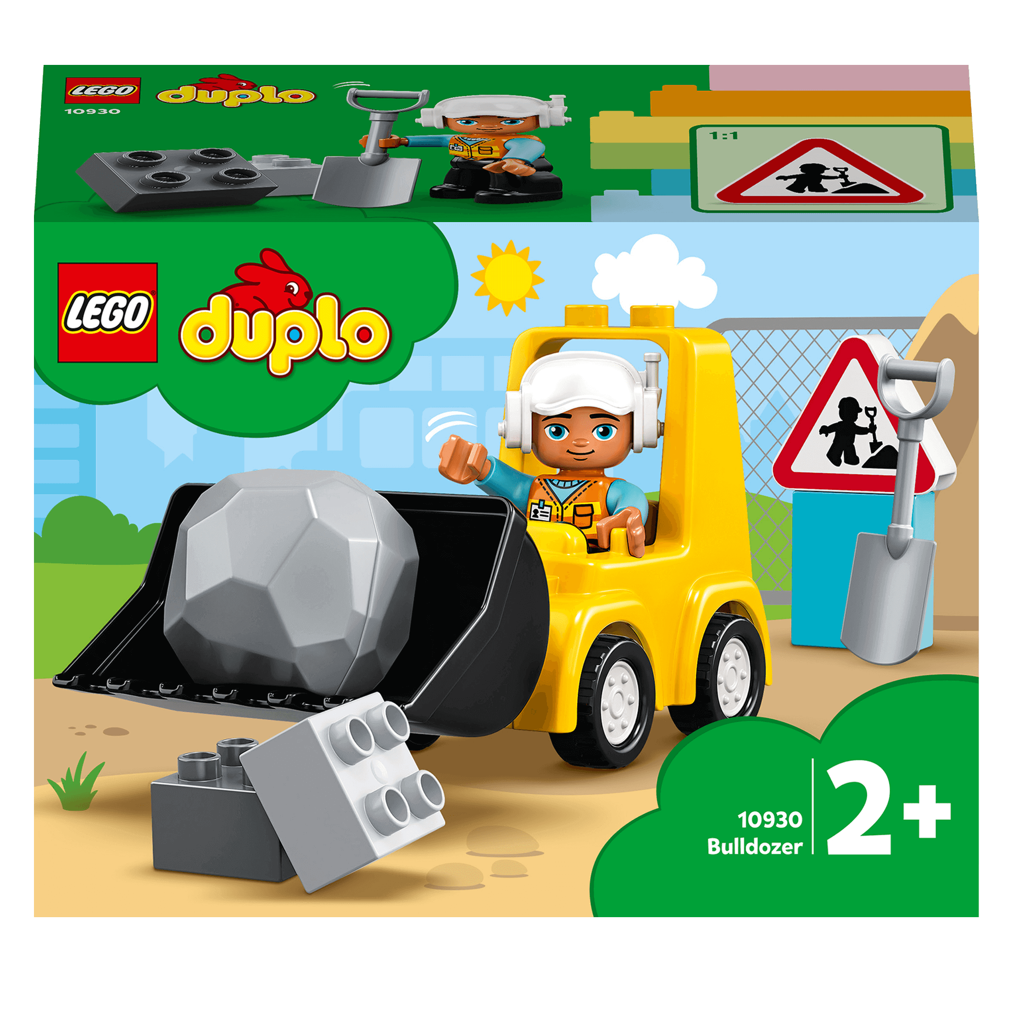 LEGO® DUPLO Bulldozer Toy Truck 10930 packaging with construction scene for toddlers, promoting creativity and skill-building.