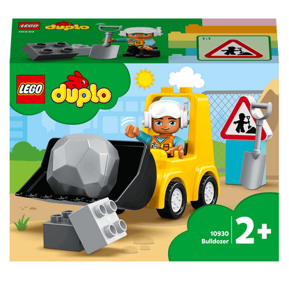 LEGO® DUPLO Bulldozer Toy Truck 10930 packaging with construction scene for toddlers, promoting creativity and skill-building.