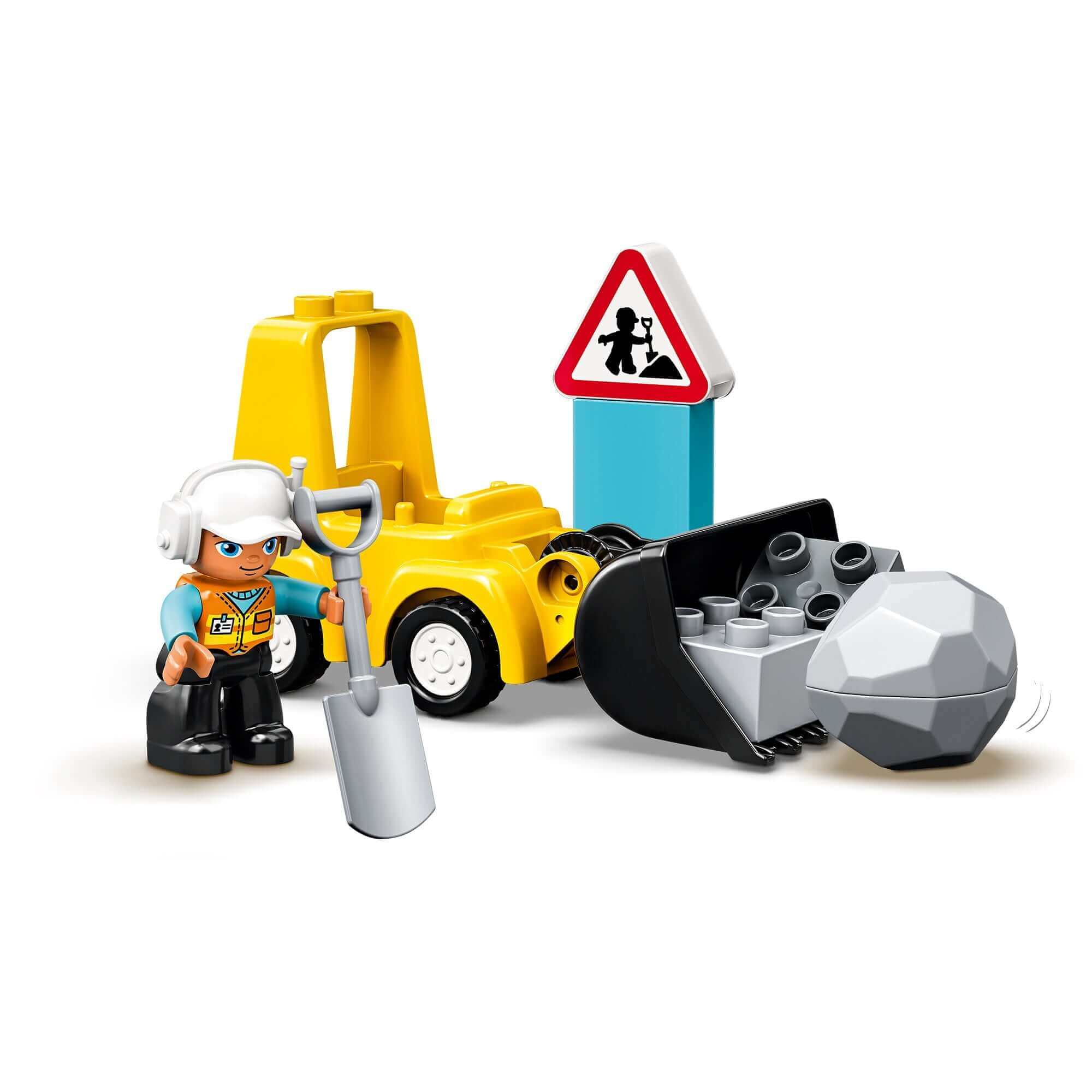 LEGO® DUPLO Bulldozer Toy Truck 10930 with construction worker and movable bucket for creative play.