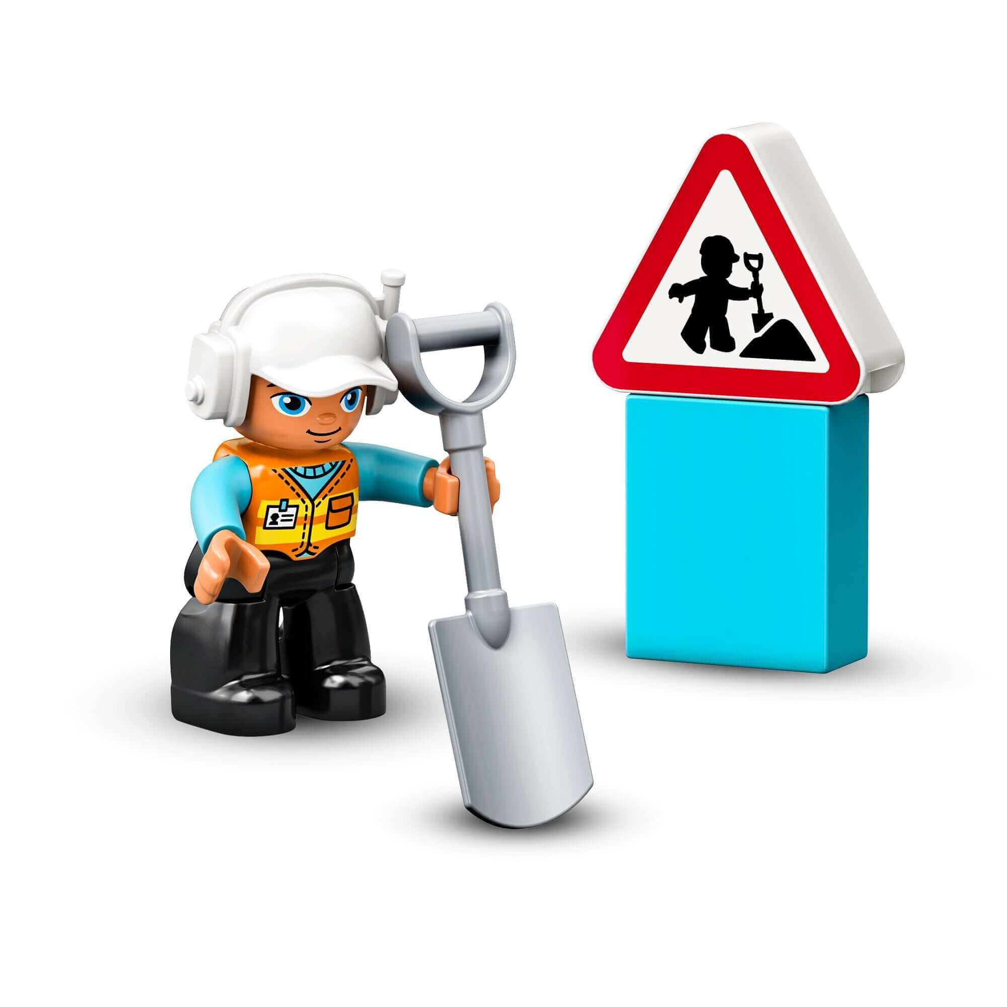 LEGO® DUPLO builder with a shovel and construction sign for creative play and skill development.