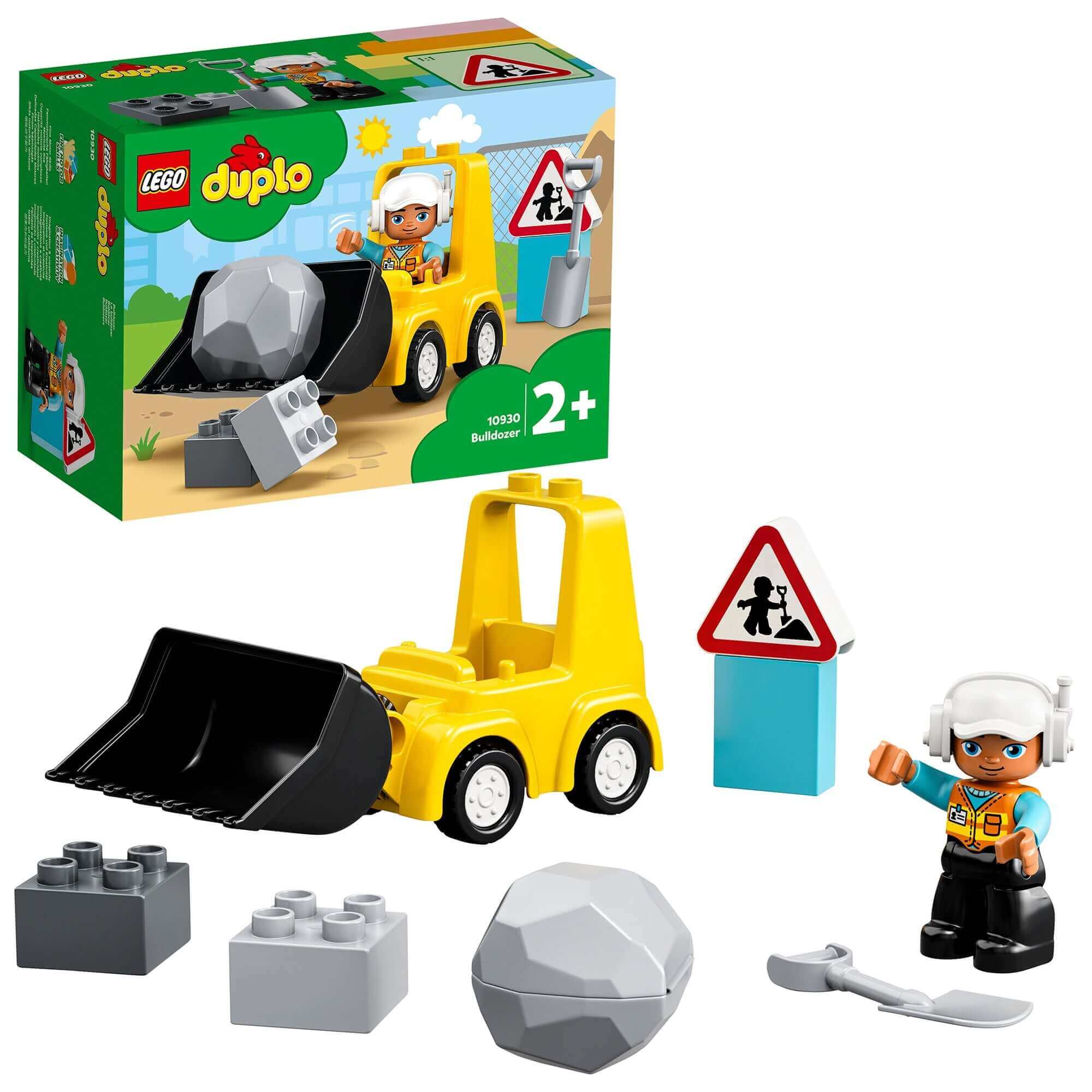 LEGO® DUPLO Bulldozer Toy Truck 10930 with vibrant yellow truck, construction worker, and accessories for creative play.