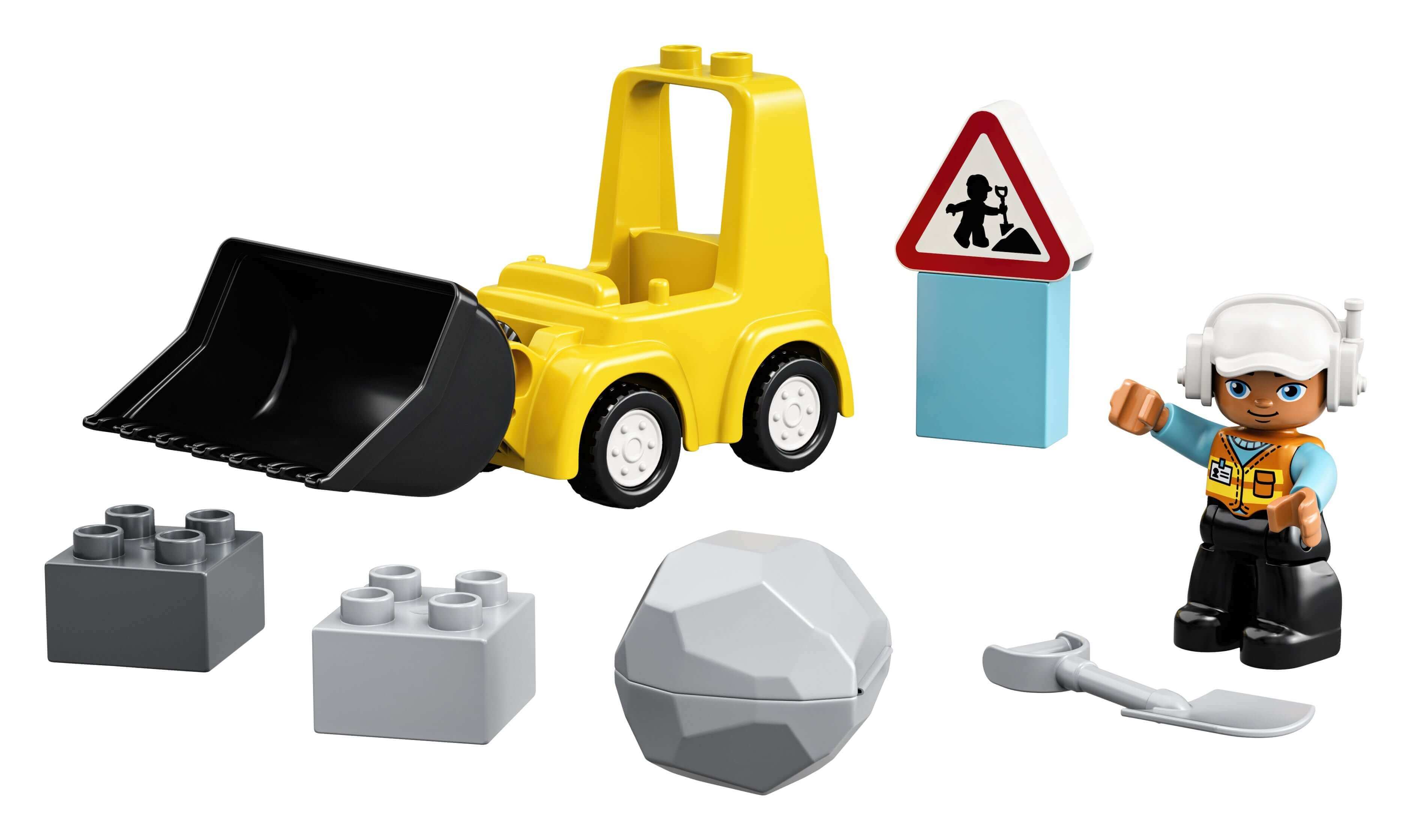 LEGO® DUPLO Bulldozer Toy Truck 10930 with construction worker, blocks, and rocks for creative play.