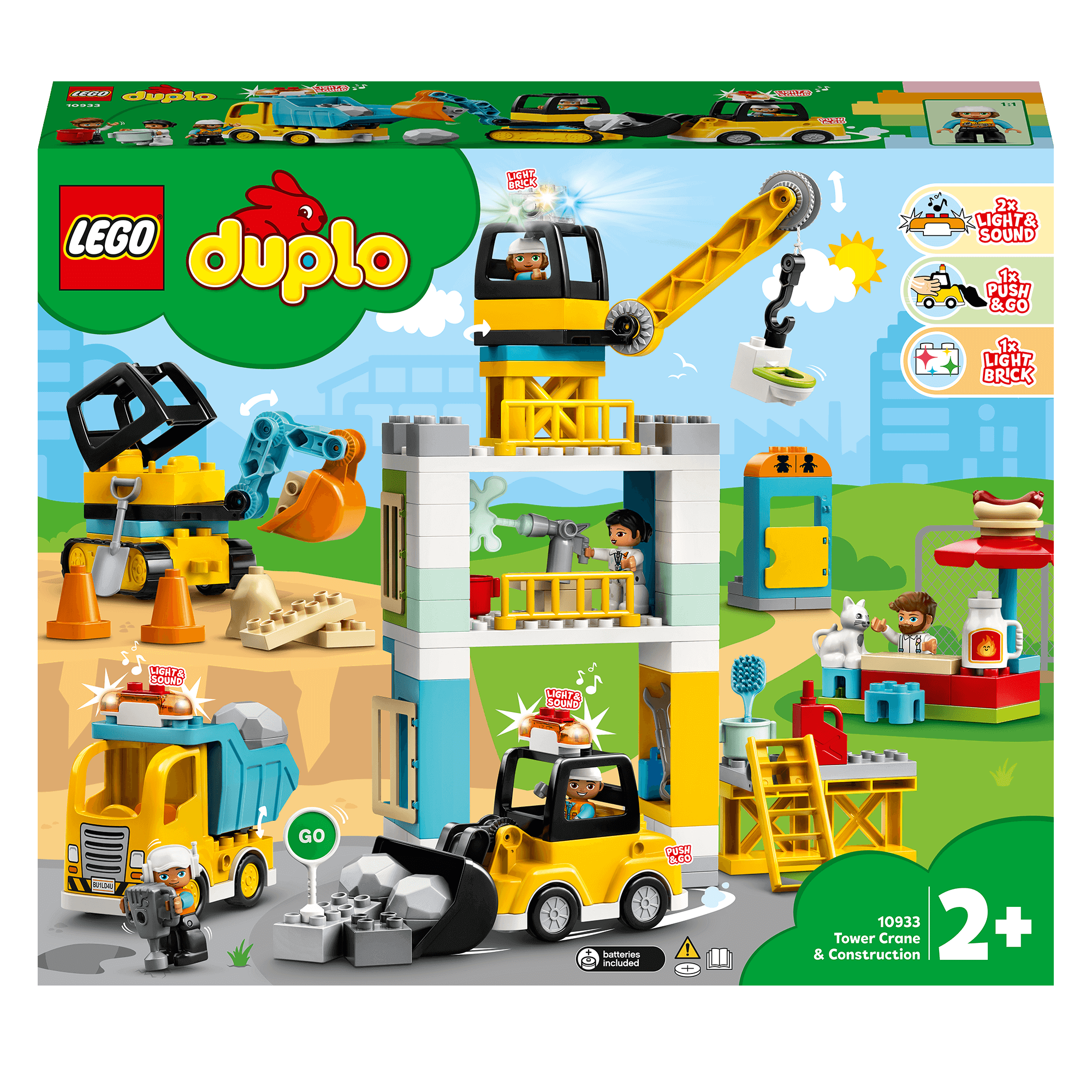 LEGO DUPLO Town Tower Crane & Construction Set 10933 with vehicles, characters, and construction activities for role-play.