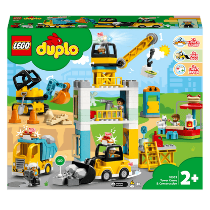 LEGO DUPLO Town Tower Crane & Construction Set 10933 with vehicles, characters, and construction activities for role-play.