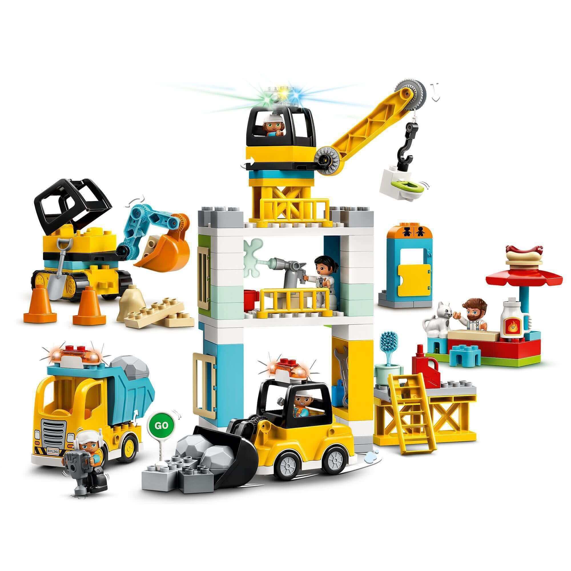 LEGO DUPLO Town Tower Crane & Construction Set 10933 with vehicles, characters, and construction site activities.