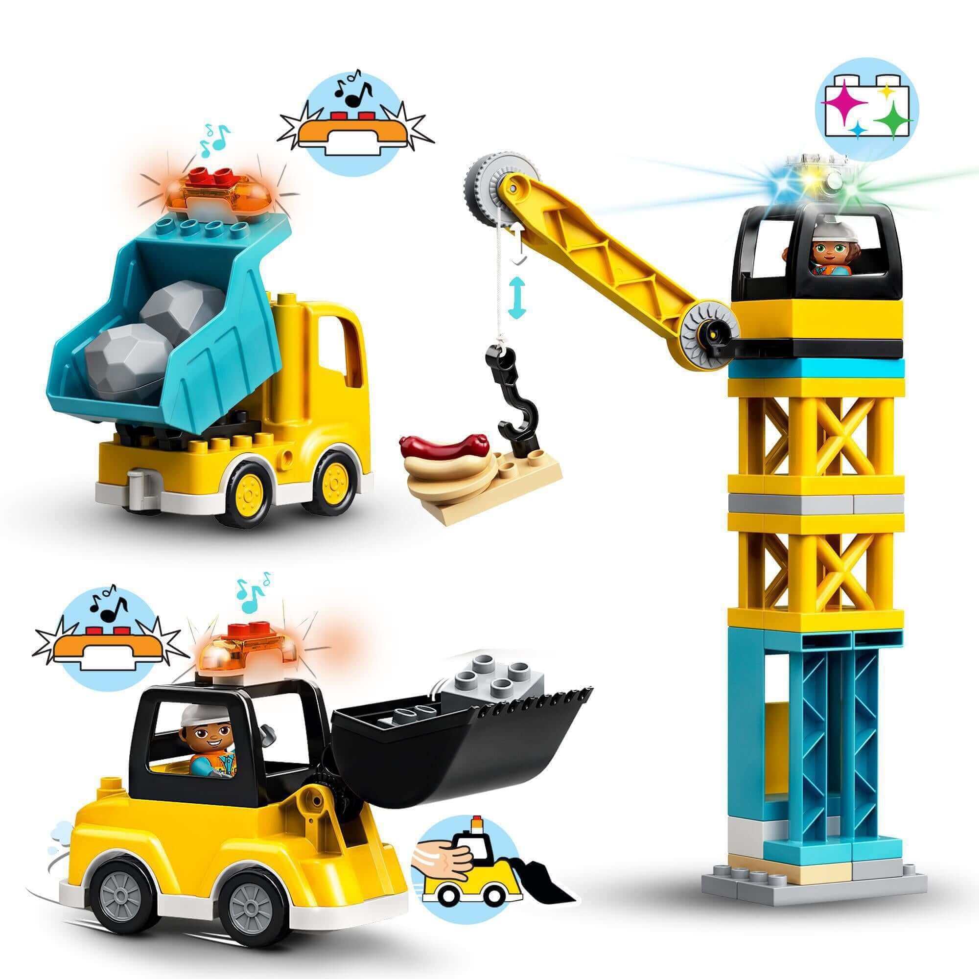 LEGO® DUPLO Town Tower Crane & Construction Set 10933 featuring vehicles, crane, and construction characters for role-play.