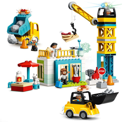 LEGO® DUPLO Town Tower Crane & Construction Set 10933 with vehicles, characters, and construction site activities.