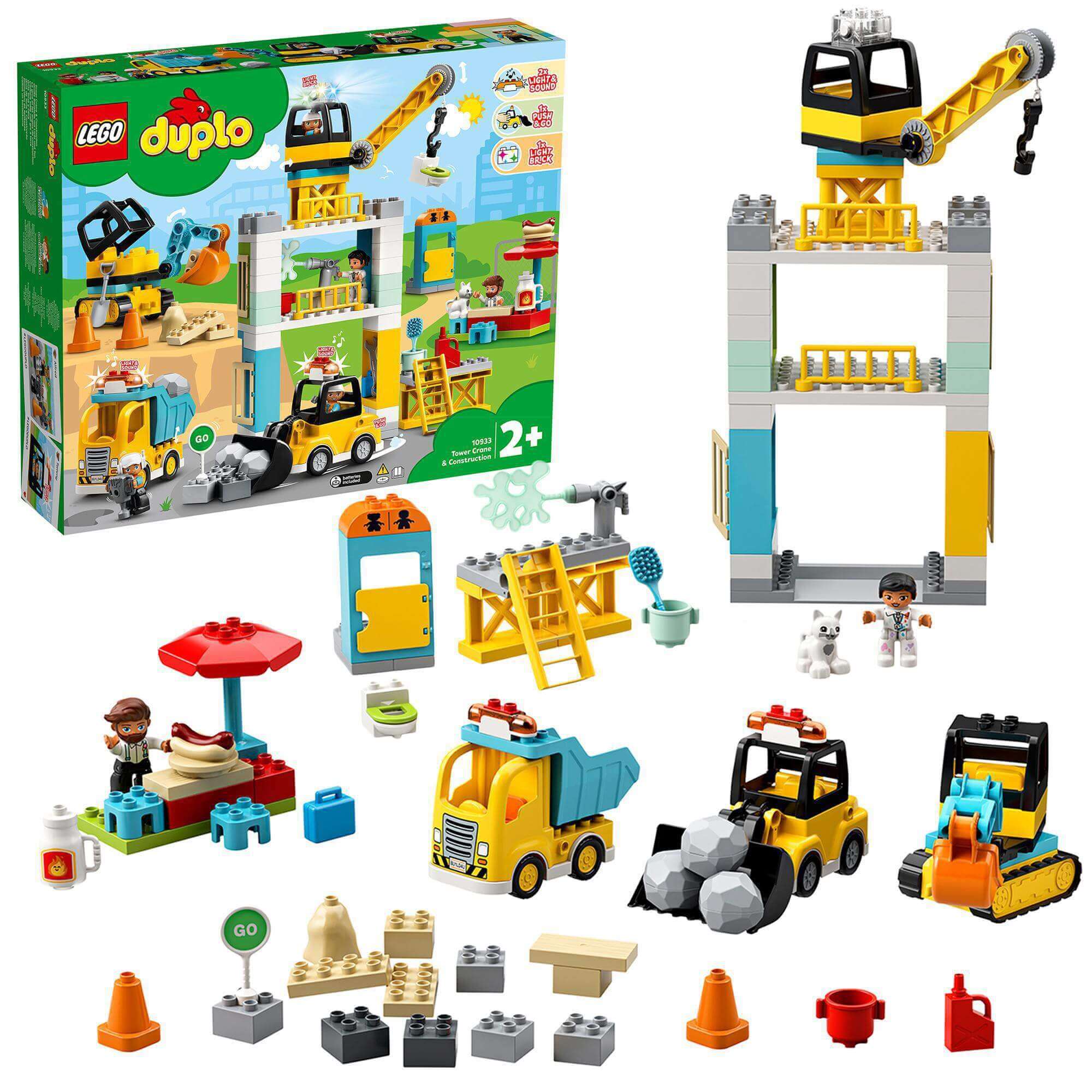 LEGO DUPLO Town Tower Crane construction set 10933 with vehicles, characters, and building elements for creative play.
