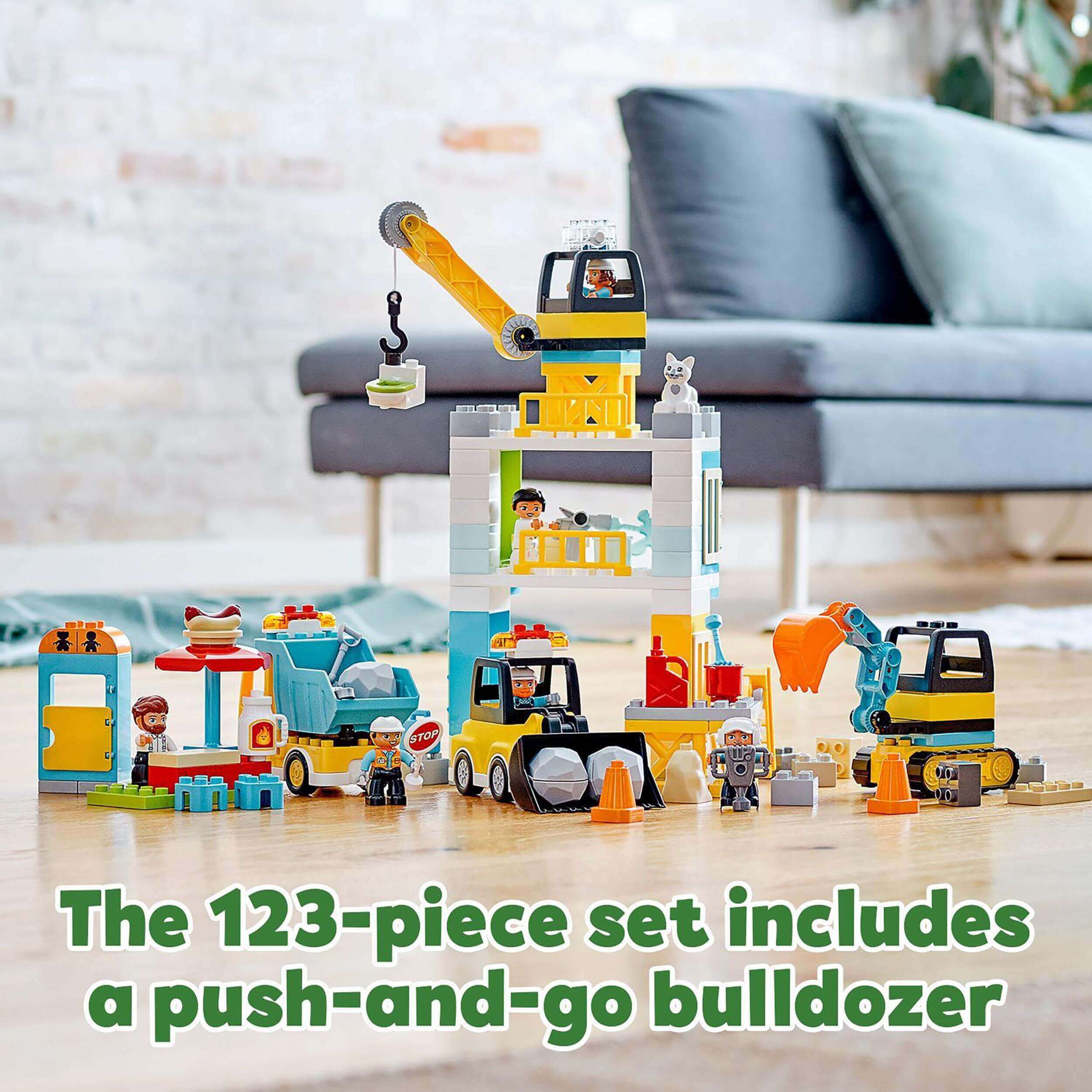 LEGO® DUPLO Town Tower Crane & Construction Set 10933 with vehicles and characters for imaginative play.
