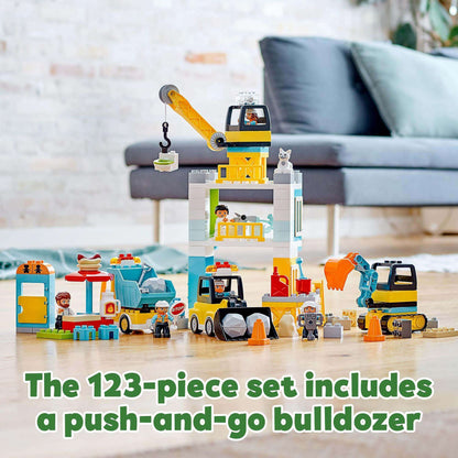 LEGO® DUPLO Town Tower Crane & Construction Set 10933 with vehicles and characters for imaginative play.