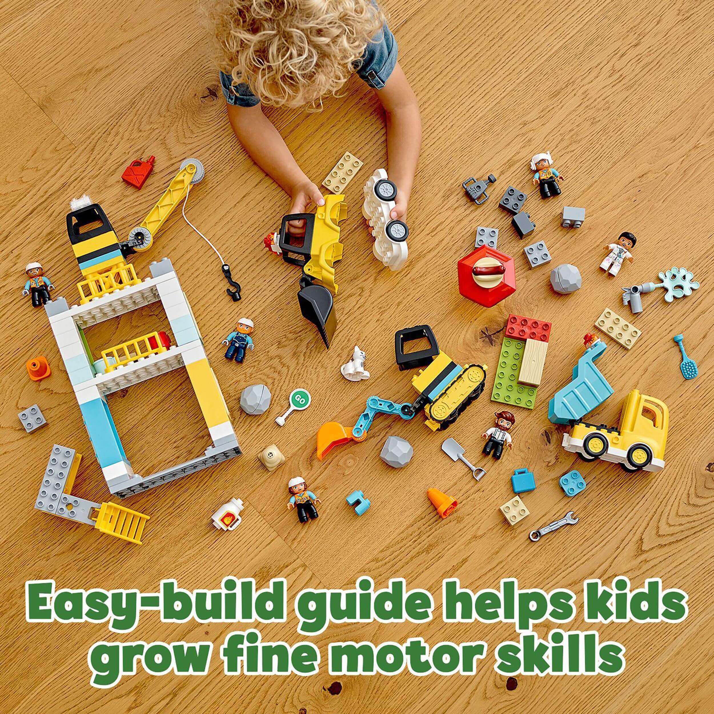 Kids engaging with LEGO DUPLO Town Tower Crane set, enhancing fine motor skills with construction play.