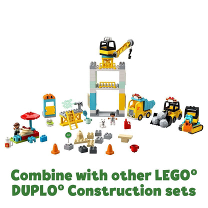 LEGO® DUPLO Town Tower Crane set 10933 with vehicles, characters and construction accessories for creative play.