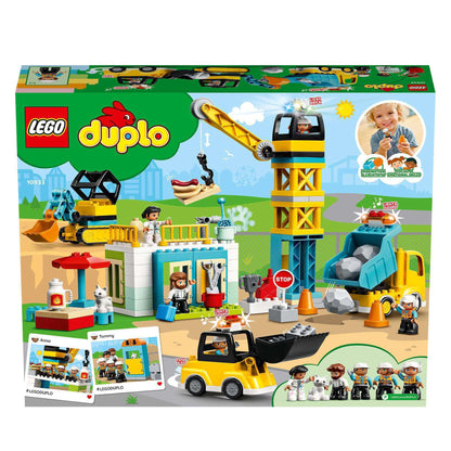 LEGO DUPLO Town Tower Crane 10933 construction set with vehicles, characters, and a busy site for imaginative play.