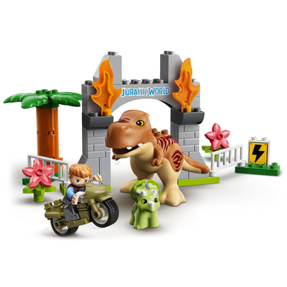 LEGO® DUPLO Jurassic World T. rex and Triceratops dinosaur toy with palm tree and playset elements.